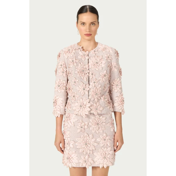 Costarellos Finna Petal Lurex Satin Tailored Jacket in Dusty Pink | Blazers | Luxury Shoes 