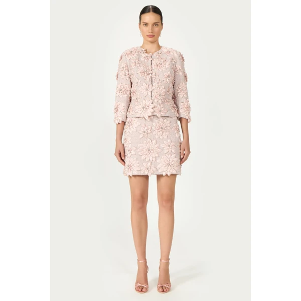 Costarellos Finna Petal Lurex Satin Tailored Jacket in Dusty Pink | Blazers | Luxury Shoes 