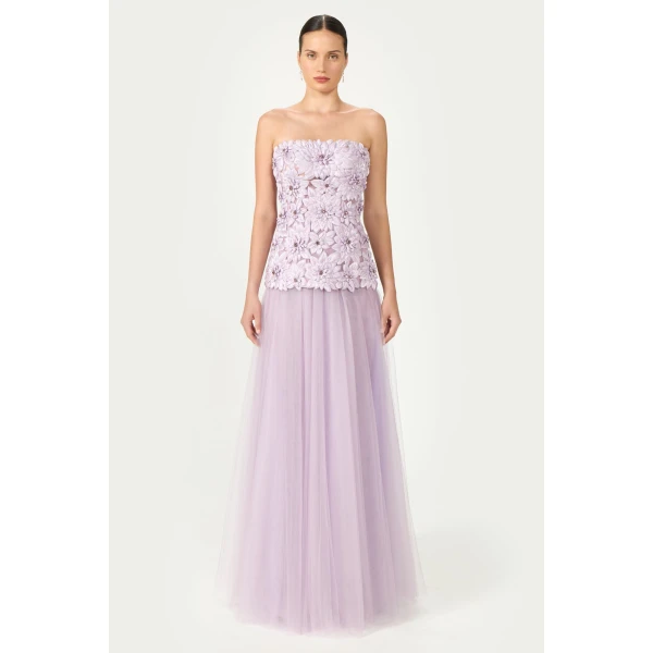 Costarellos Gisella Petal Lurex Satin Tulle Strapless Dress in Mauve | Evening Gowns | Luxury Shoes 