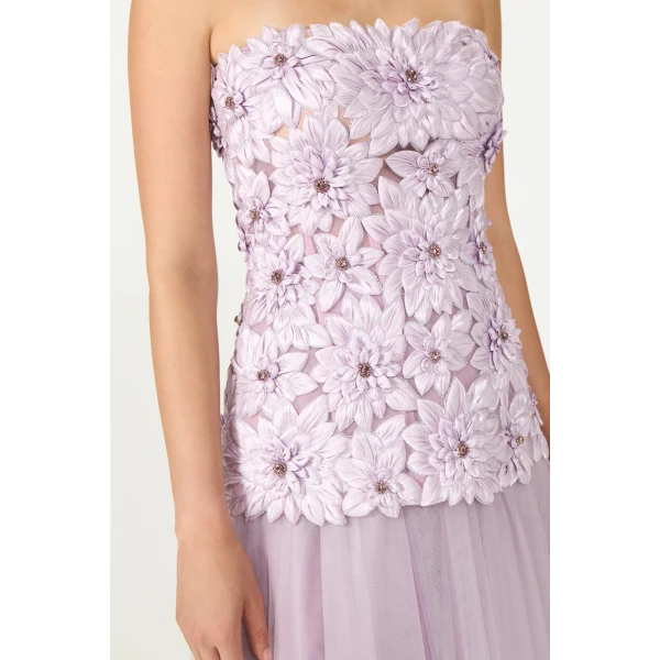 Costarellos Gisella Petal Lurex Satin Tulle Strapless Dress in Mauve | Evening Gowns | Luxury Shoes 