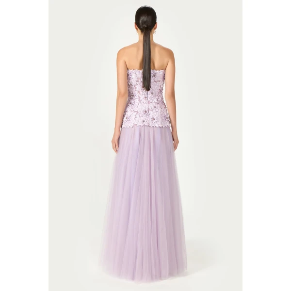 Costarellos Gisella Petal Lurex Satin Tulle Strapless Dress in Mauve | Evening Gowns | Luxury Shoes 