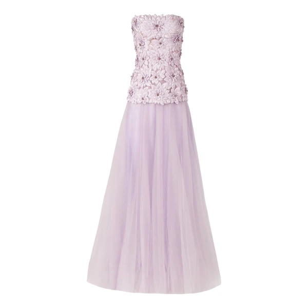 Costarellos Gisella Petal Lurex Satin Tulle Strapless Dress in Mauve | Luxury Shoes 