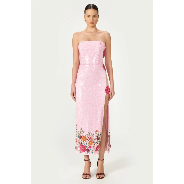 Costarellos Harlee Sequined Strapless Dress in Pink | Midi Dresses | Luxury Shoes 