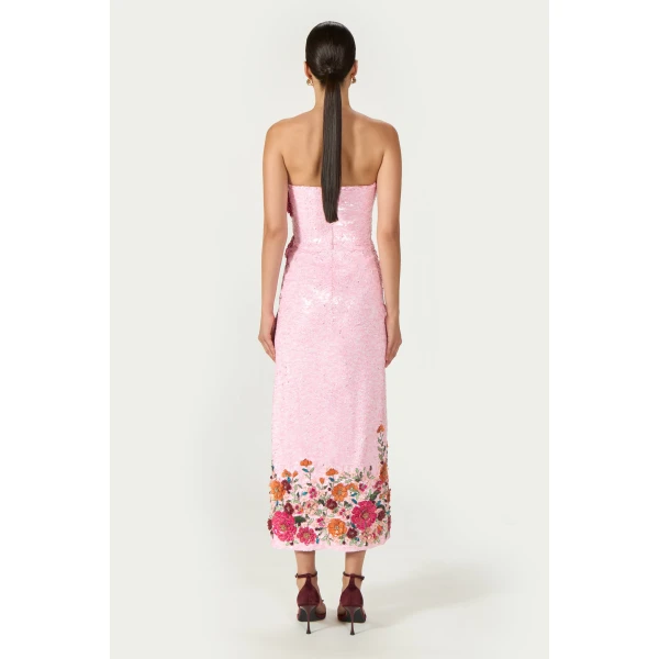 Costarellos Harlee Sequined Strapless Dress in Pink | Midi Dresses | Luxury Shoes 