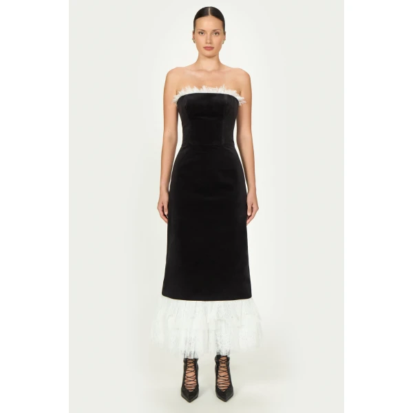 Costarellos Isabetta Cotton Velvet Strapless Dress in Black | Midi Dresses | Luxury Shoes 