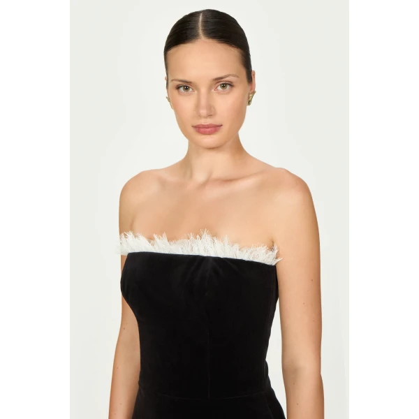 Costarellos Isabetta Cotton Velvet Strapless Dress in Black | Midi Dresses | Luxury Shoes 