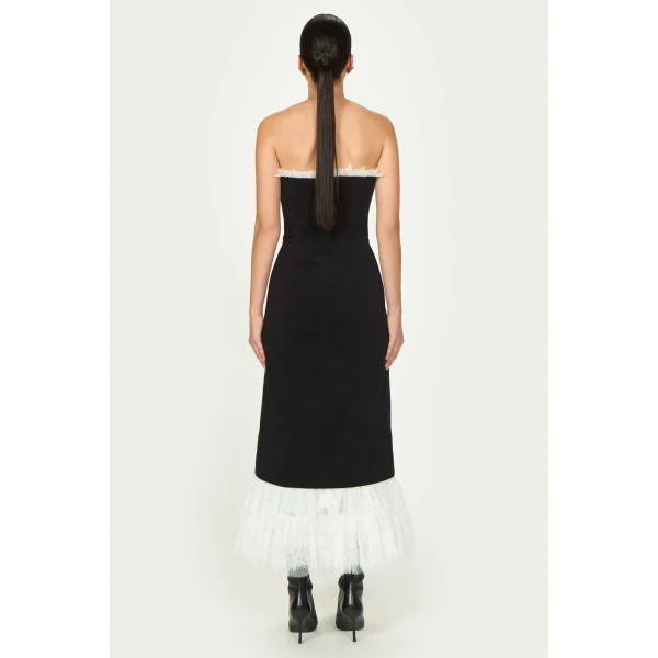 Costarellos Isabetta Cotton Velvet Strapless Dress in Black | Midi Dresses | Luxury Shoes 