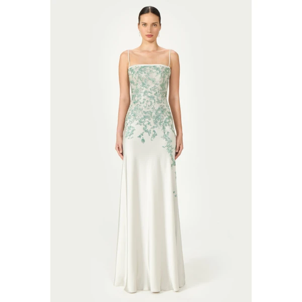 Costarellos Jennan Sequined Lace Satin Gown in Grey and Green | Evening Gowns | Luxury Shoes 