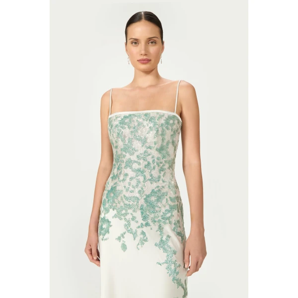 Costarellos Jennan Sequined Lace Satin Gown in Grey and Green | Evening Gowns | Luxury Shoes 