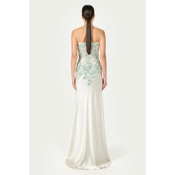 Costarellos Jennan Sequined Lace Satin Gown in Grey and Green | Evening Gowns | Luxury Shoes 