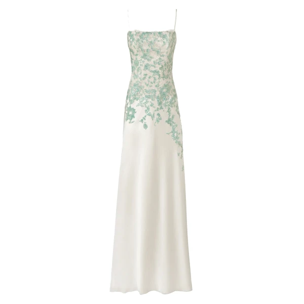 Jennan Sequined Lace Satin Gown in Grey and Green