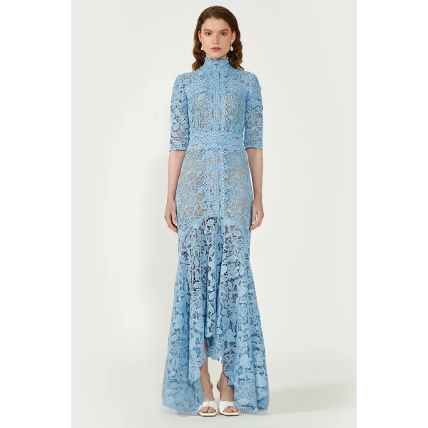 Costarellos Kalissa Guipure Lace Dress in Pearl Blue | Evening Gowns | Luxury Shoes 