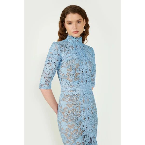 Costarellos Kalissa Guipure Lace Dress in Pearl Blue | Evening Gowns | Luxury Shoes 