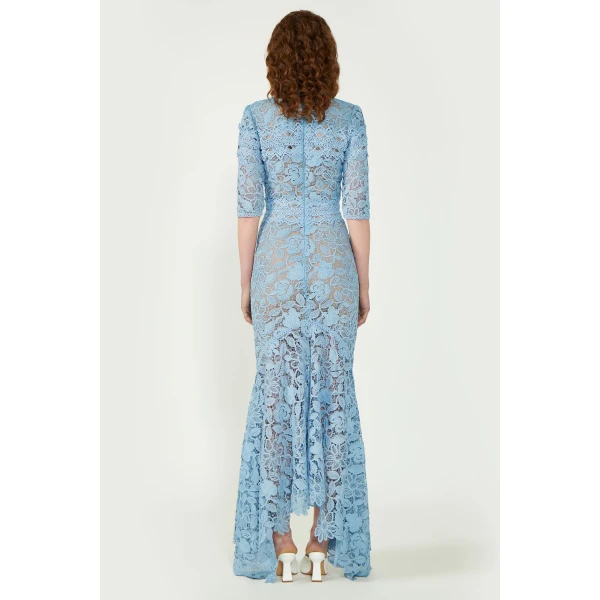 Costarellos Kalissa Guipure Lace Dress in Pearl Blue | Evening Gowns | Luxury Shoes 
