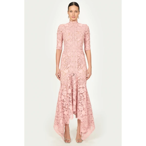 Costarellos Kalissa Guipure Lace Dress in Vintage Rose | Evening Gowns | Luxury Shoes 