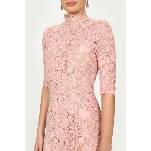 Costarellos Kalissa Guipure Lace Dress in Vintage Rose | Evening Gowns | Luxury Shoes 