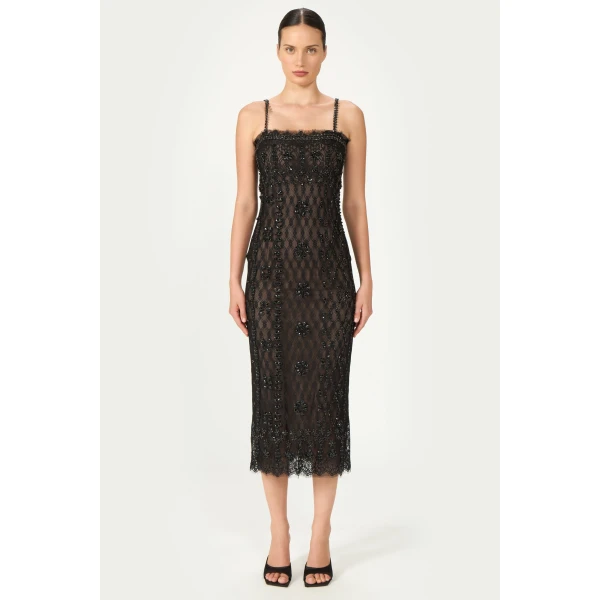Costarellos Leona Beaded French Lace Cami Midi Dress in Black | Midi Dresses | Luxury Shoes 
