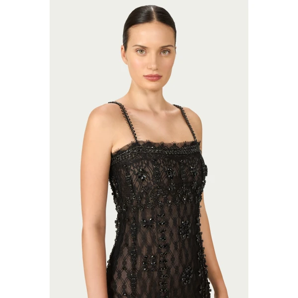 Costarellos Leona Beaded French Lace Cami Midi Dress in Black | Midi Dresses | Luxury Shoes 
