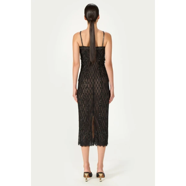 Costarellos Leona Beaded French Lace Cami Midi Dress in Black | Midi Dresses | Luxury Shoes 
