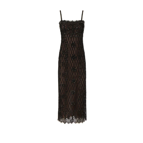Leona Beaded French Lace Cami Midi Dress in Black