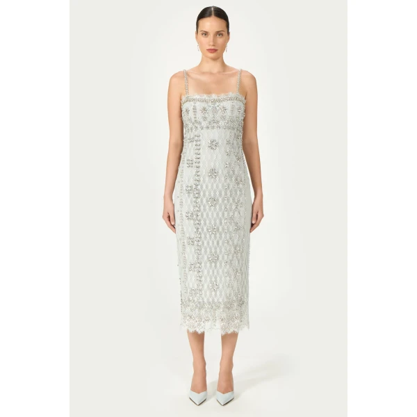 Costarellos Leona Beaded French Lace Cami Midi Dress in Grey | Midi Dresses | Luxury Shoes 