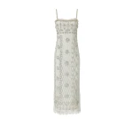 Costarellos Leona Beaded French Lace Cami Midi Dress in Grey | Luxury Shoes 