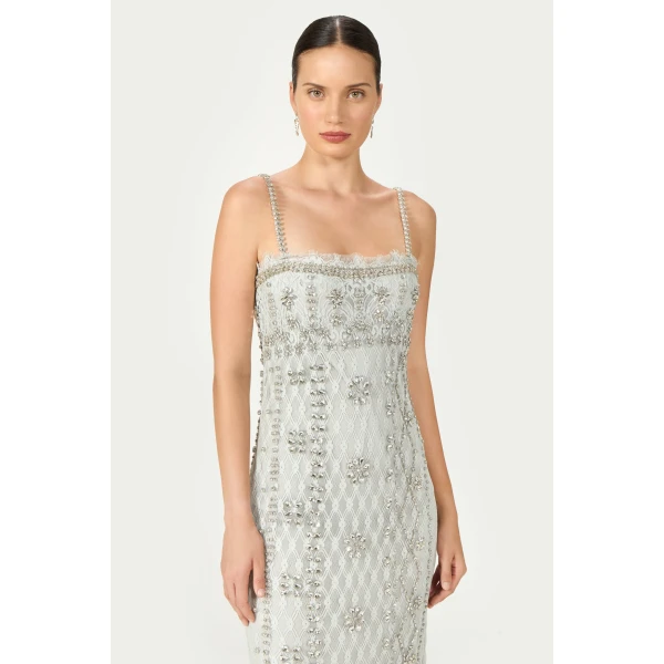 Costarellos Leona Beaded French Lace Cami Midi Dress in Grey | Midi Dresses | Luxury Shoes 