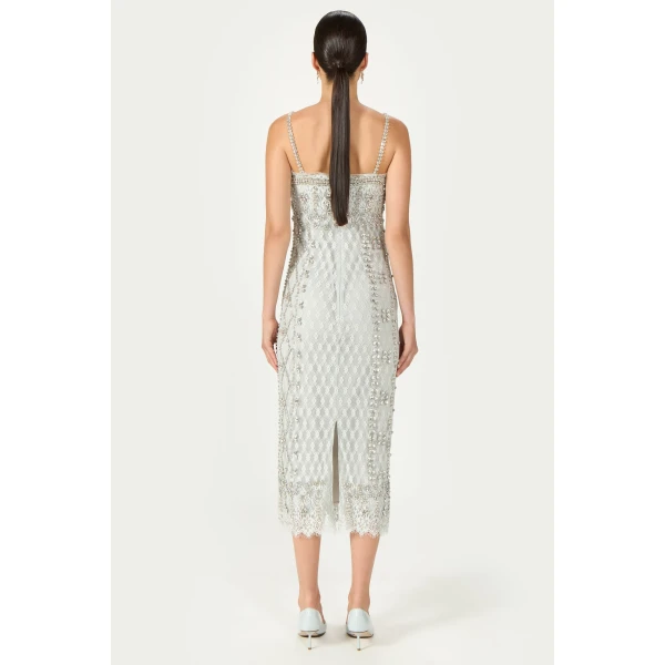 Costarellos Leona Beaded French Lace Cami Midi Dress in Grey | Midi Dresses | Luxury Shoes 