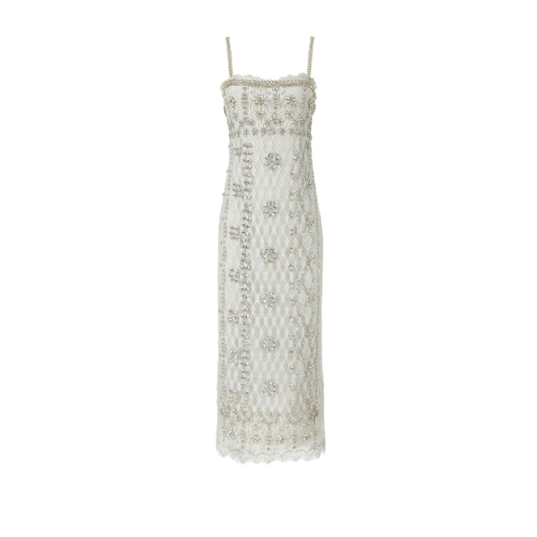 Leona Beaded French Lace Cami Midi Dress in Grey