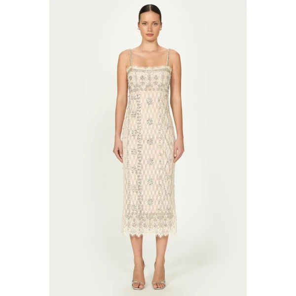 Costarellos Leona Beaded French Lace Cami Midi Dress in Off White | Midi Dresses | Luxury Shoes 