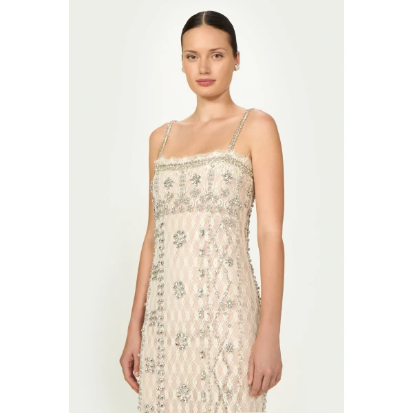 Costarellos Leona Beaded French Lace Cami Midi Dress in Off White | Midi Dresses | Luxury Shoes 