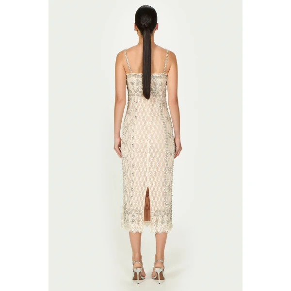 Costarellos Leona Beaded French Lace Cami Midi Dress in Off White | Midi Dresses | Luxury Shoes 