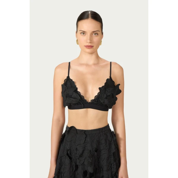 Costarellos Lex Floral-Cut Satin Bralette in Black | Cropped Top | Luxury Shoes 
