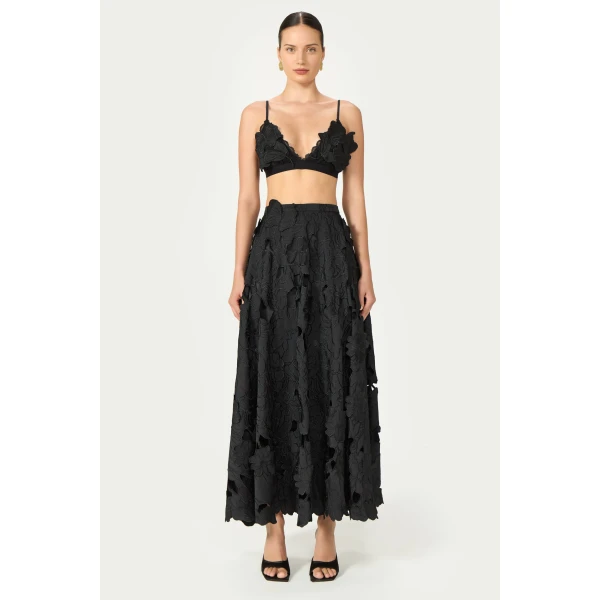 Costarellos Lex Floral-Cut Satin Bralette in Black | Cropped Top | Luxury Shoes 