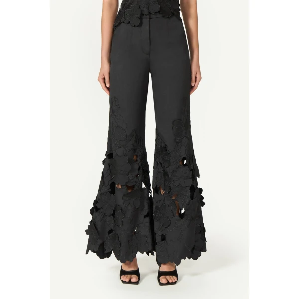 Costarellos Lidia Floral-Cut Satin Trousers in Black | Pants | Luxury Shoes 