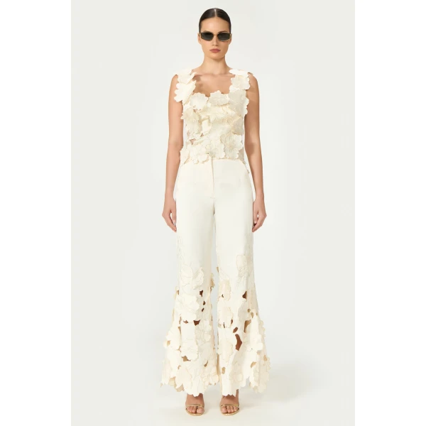 Costarellos Lidia Floral-Cut Satin Trousers in Cream | Pants | Luxury Shoes 