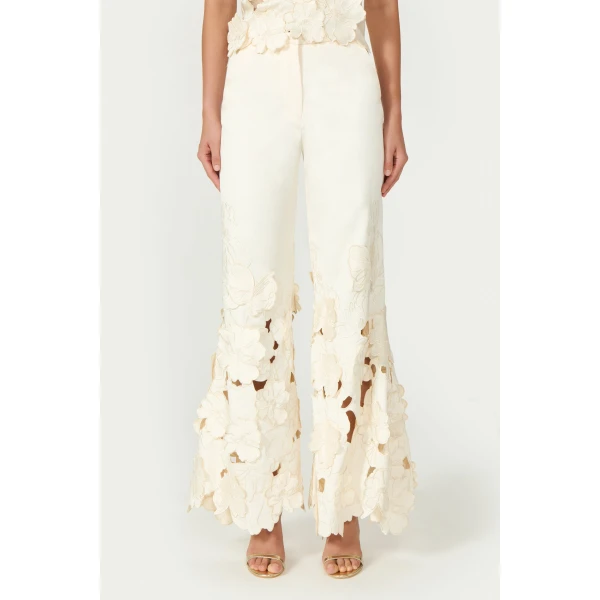 Costarellos Lidia Floral-Cut Satin Trousers in Cream | Pants | Luxury Shoes 