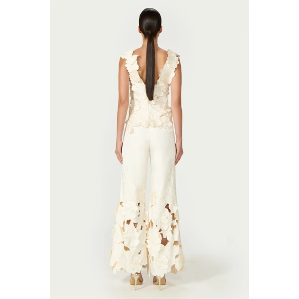 Costarellos Lidia Floral-Cut Satin Trousers in Cream | Pants | Luxury Shoes 