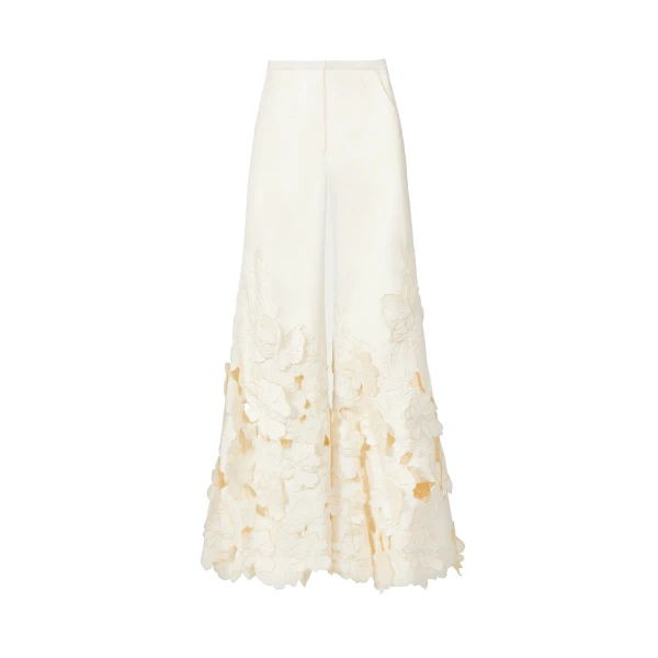 Lidia Floral-Cut Satin Trousers in Cream