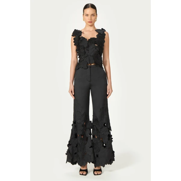 Costarellos Liess Embroidered Floral-Cut Satin Top in Black | Sleeveless | Luxury Shoes 
