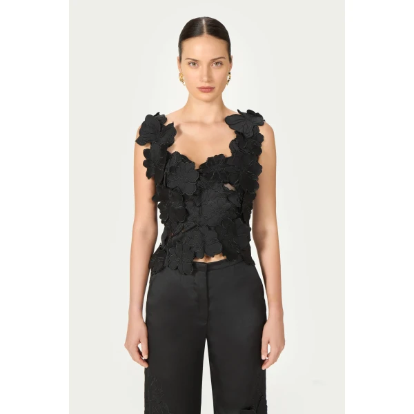 Costarellos Liess Embroidered Floral-Cut Satin Top in Black | Sleeveless | Luxury Shoes 