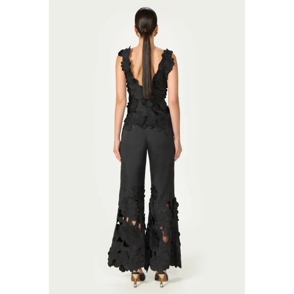 Costarellos Liess Embroidered Floral-Cut Satin Top in Black | Sleeveless | Luxury Shoes 