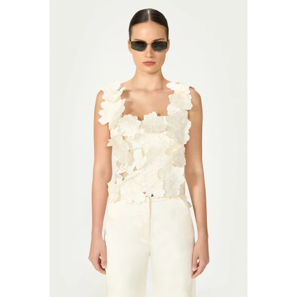 Costarellos Liess Embroidered Floral-Cut Satin Top in Cream | Sleeveless | Luxury Shoes 