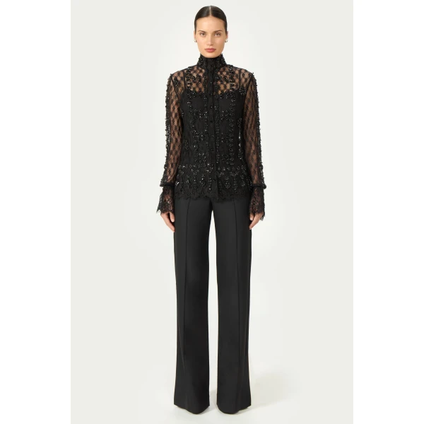 Costarellos Lilou Beaded French Lace Shirt in Black | Shirts | Luxury Shoes 