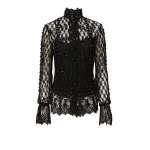 Costarellos Lilou Beaded French Lace Shirt in Black | Luxury Shoes 