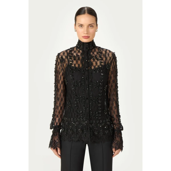 Costarellos Lilou Beaded French Lace Shirt in Black | Shirts | Luxury Shoes 