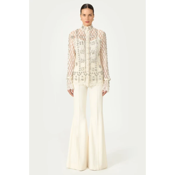 Costarellos Lilou Beaded French Lace Shirt in Off White | Shirts | Luxury Shoes 