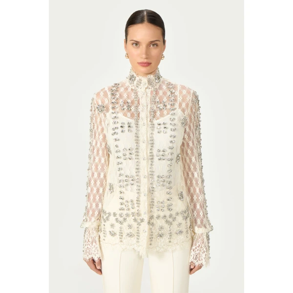 Costarellos Lilou Beaded French Lace Shirt in Off White | Shirts | Luxury Shoes 