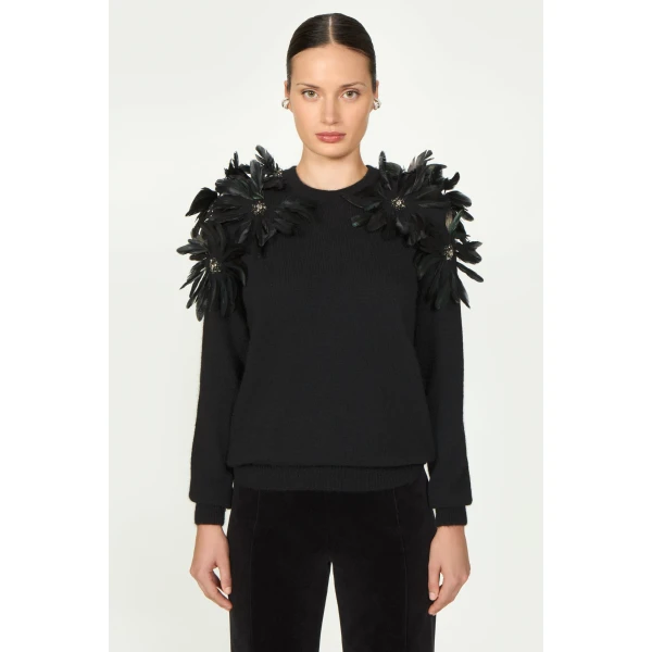 Costarellos Lissia Mohair Wool Feathers Sweater in Black | Sweaters | Luxury Shoes 
