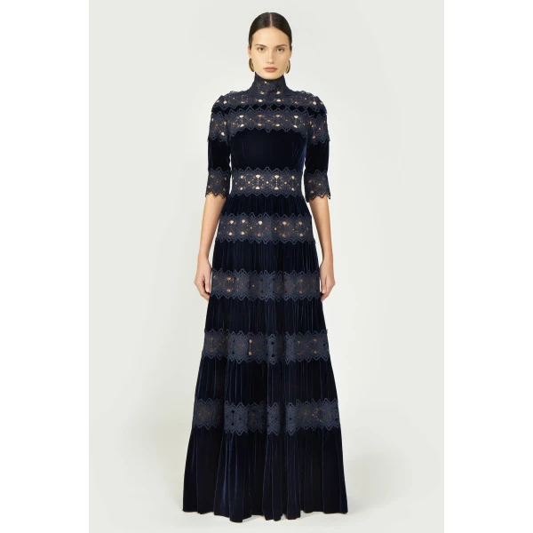 Costarellos Lissie Silk Velvet Gown in Deep Blue | Evening Gowns | Luxury Shoes 